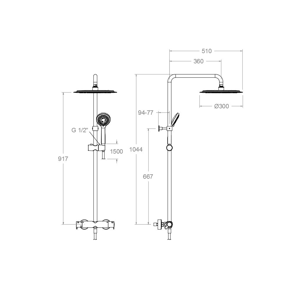 Medidas del conjunto termostático gran ducha con columna fija - RAMÓN SOLER