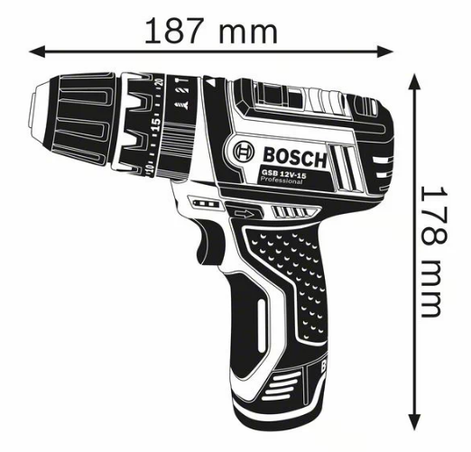 Medidas del atornillador GSB 12V-15 Professional - BOSCH