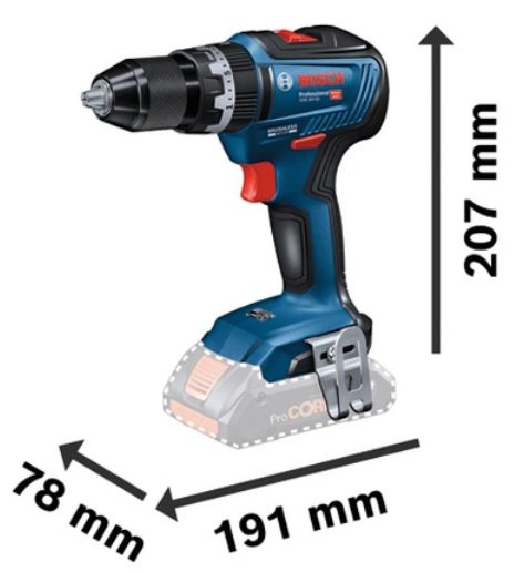 Medidas del taladro de percusión GSB 18V-55 Professional - BOSCH