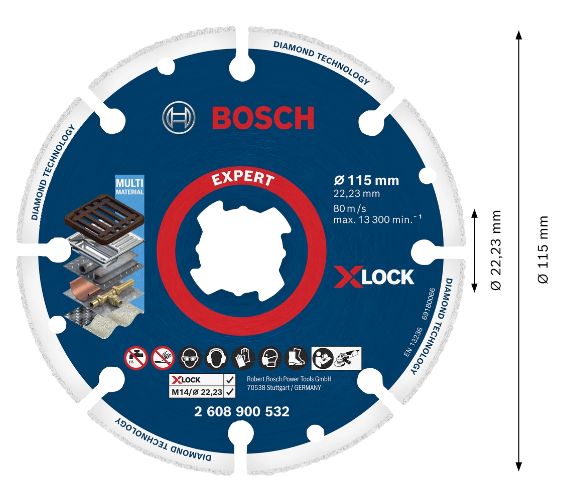 Medidas del disco de corte de diamante EXPERT Diamond Metal Wheel X-LOCK Ø115 mm - BOSCH