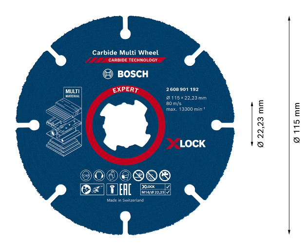 Medidas del disco de corte Expert Carbide Multi Wheel X-Lock Ø115 mm - BOSCH