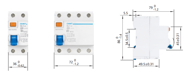 Medidas del interruptor difrencial 4P 40A 300mA clase A 10 kA - CHINT