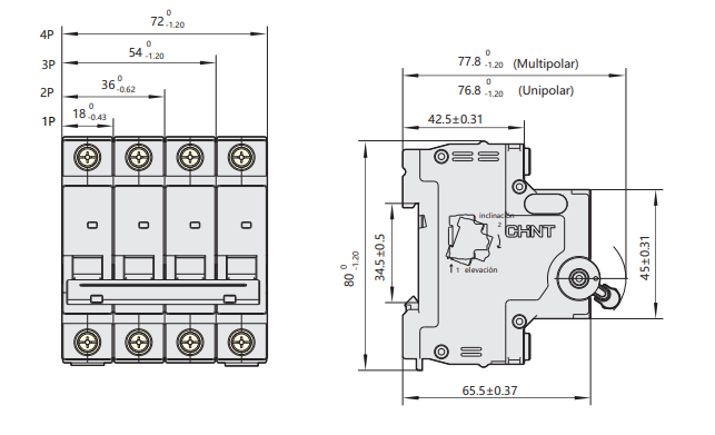 Medidas del interruptor automático 4P 16/20/25A clase C 6kA - CHINT