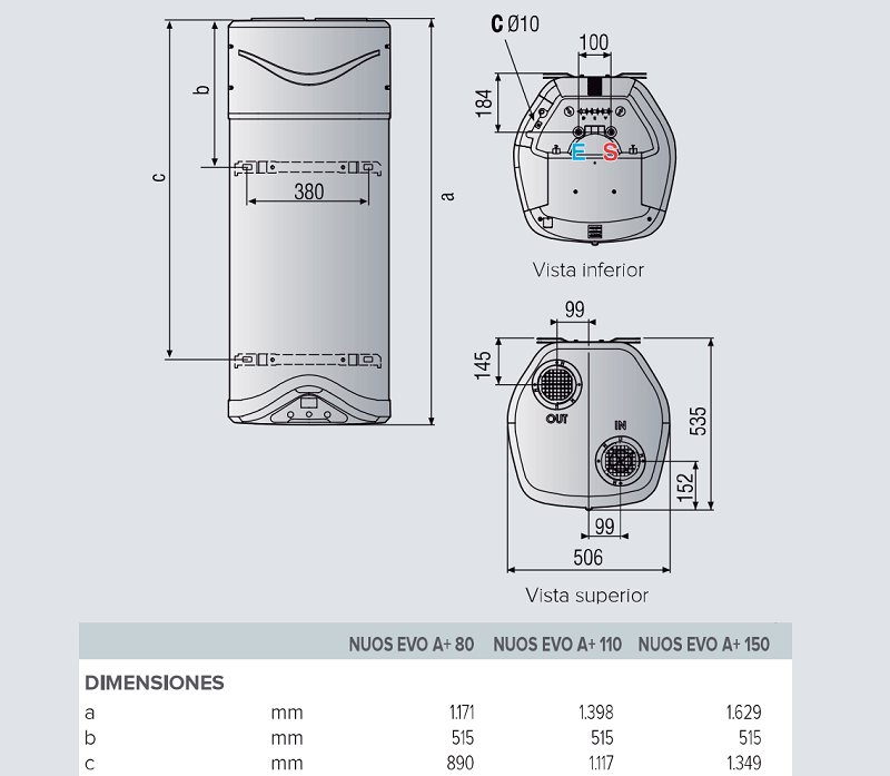 Medidas de la bomba de calor para ACS NUOS EVO A+ - ARISTON