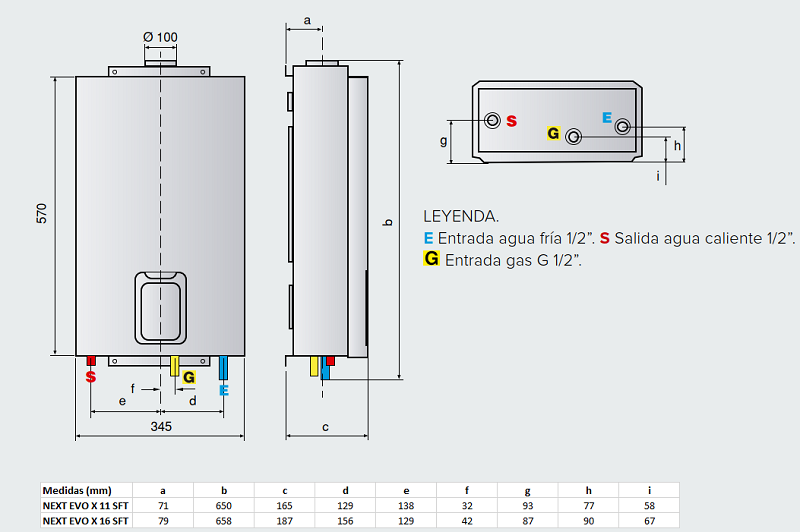 Medidas del calentador a gas instantáneo de bajo NOx NEXT EVO X SFT - ARISTON