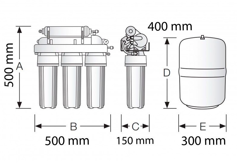 Medidas del equipo de ósmosis inversa doméstica GENIUS PRO50 - ATH