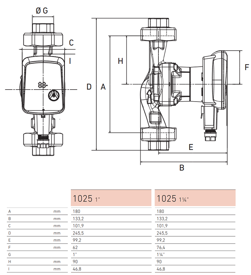 Medidas del circulador para calefacción y refrigeración QUANTUM MAXI 1025 - BAXI