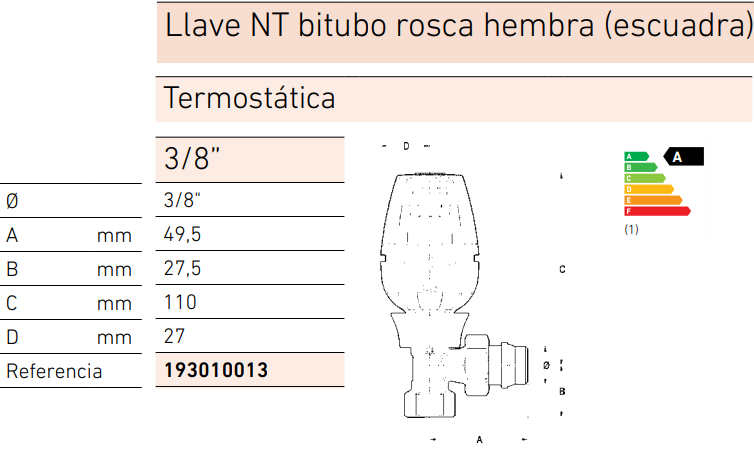 Medidas de la llave NT bitubo rosca hembra (escuadra) termostática 3/8" - BAXI