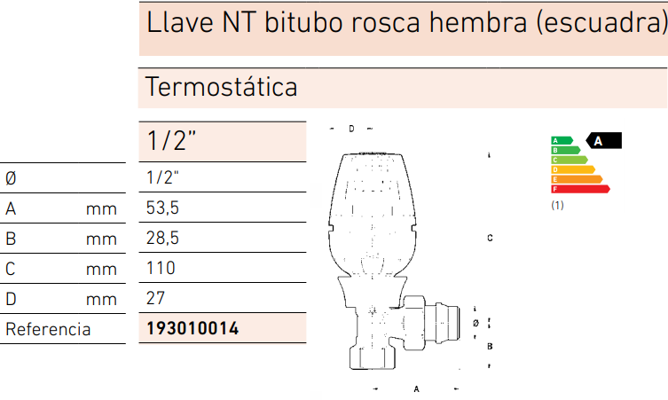 Medidas de la llave bitubo de escuadra termostática para emisor térmico NT - BAXI