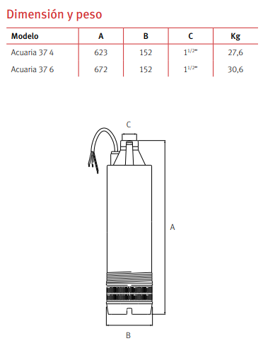 Medidas de la bomba sumergible de pozo ACUARIA 37 de ESPA