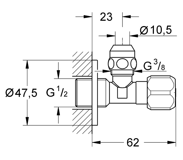 Medidas de la llave angular universal 1/2" - 3/8" - GROHE