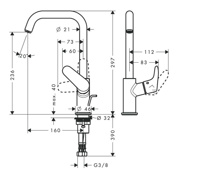 Esquema de medidas grifo Hansgrohe Focus 240