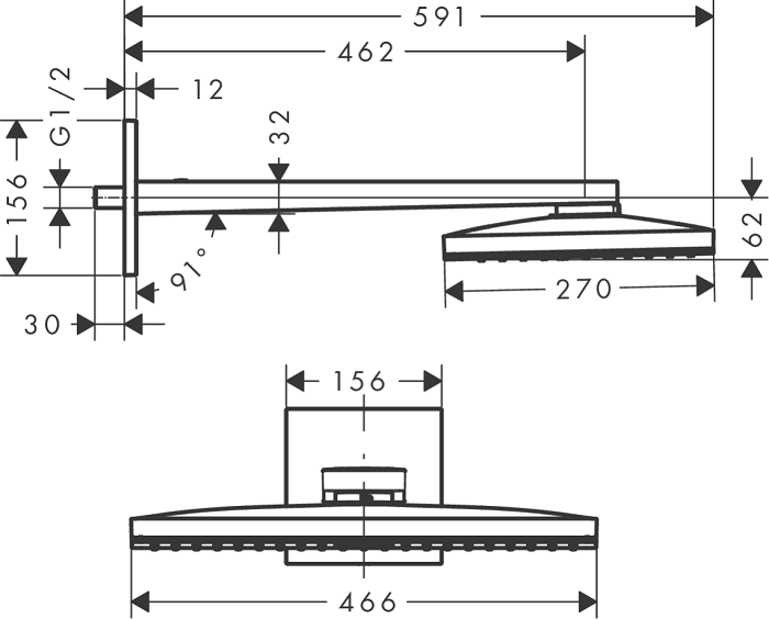 Medidas de la ducha fija 460 1jet ducha mural RAINMAKER SELECT - HANSGROHE