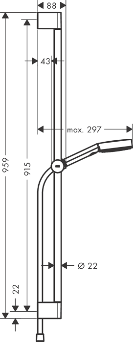 Medidas del set de ducha 3jet Relaxation con barra de ducha 90cm PULSIFY SELECT S - HANSGROHE