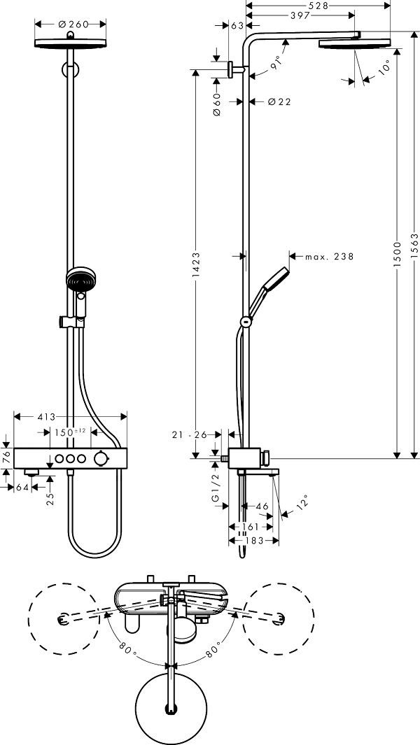 Medidas del conjunto de ducha termostático 1jet Showerpipe 260 PULSIFY S - HANSGROHE