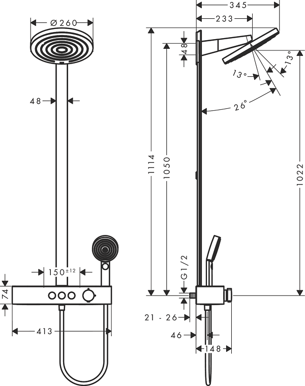 Medidas del conjunto de ducha 2 jet Showerpipe 260 PULSIFY S - HANSGROHE