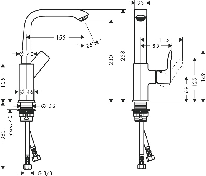 Medidas del grifo de lavabo monomando 230 sin vaciador automático METRIS - HANSGROHE