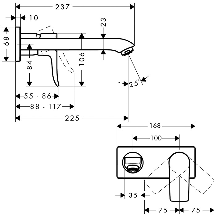 Medidas del grifo de lavabo monomando empotrado con caño de 225 mm METRIS - HANSGROHE