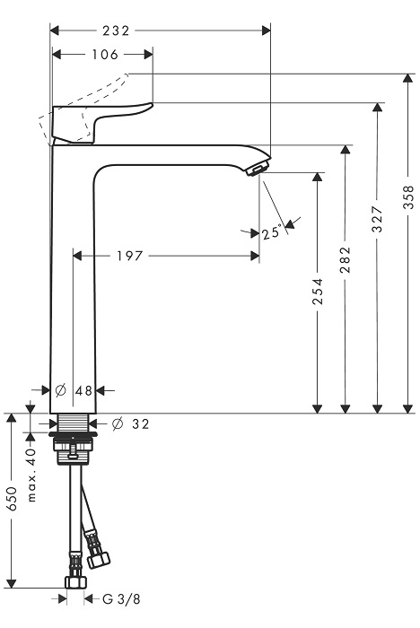 Medidas del grifo de lavabo monomando 260 sin vaciador automático METRIS - HANSGROHE