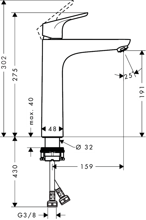 Medidas del grifo de lavabo monomando 190 sin vaciador automático FOCUS - HANSGROHE