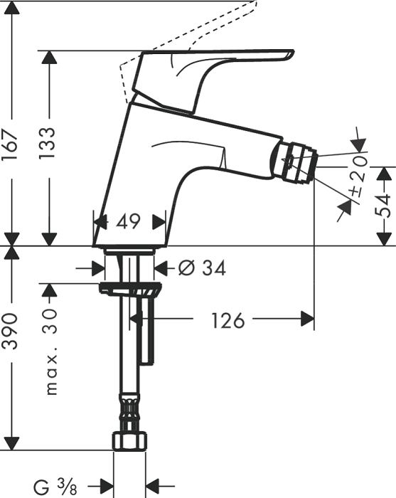 Medidas del grifo de bidé monomando con vaciador Push-Open FOCUS - HANSGROHE