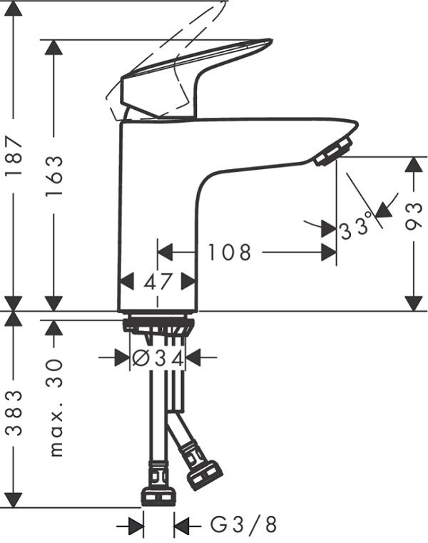 Medidas del grifo monomando de lavabo 100 con vaciador Push-Open LOGIS - HANSGROHE