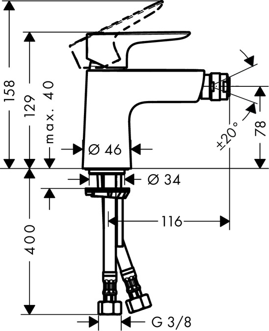 Medidas del grifo de bidé monomando con vaciador Push-Open TALIS E - HANSGROHE