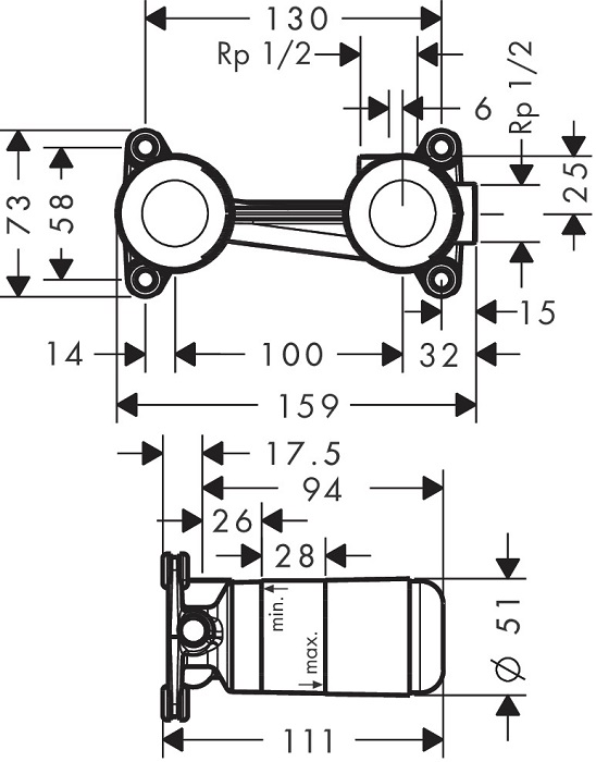 Medidas del set básico para mezclador monomando de lavabo empotrado - HANSGROHE
