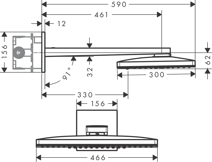 Medidas de la ducha fija 460 3jet mural RAINMAKER SELECT - HANSGROHE
