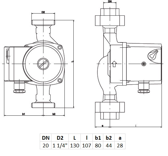 Medidas de la bomba circuladora para calefacción SAN 20/40-130 de IMPPUMPS