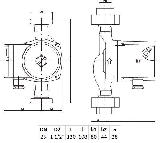 Medidas de la bomba circuladora para calefacción SAN 25/60-130 de IMPPUMPS