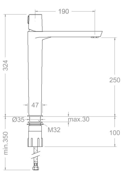 Medidas completas del grifo monomando de lavabo XL de altura extendida de la colección Tzar de Ramon Soler