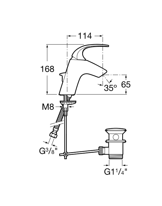 Medidas del grifo para lavabo con desagüe automático M2-N - ROCA