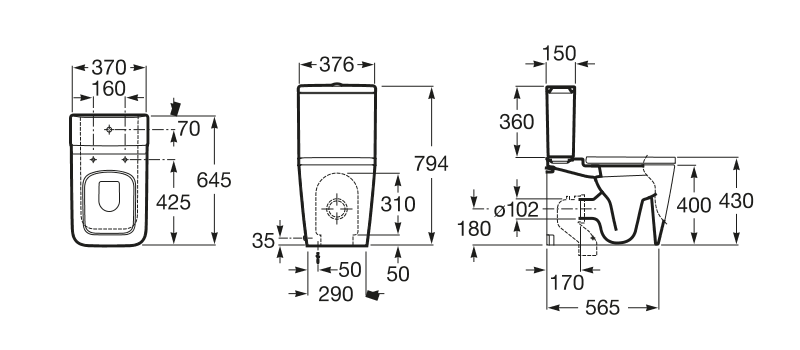 MEdidas de la taza de inodoro adosado con salida dual SQUARE INSPIRA - ROCA