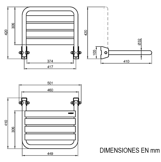 Medidas del asiento de ducha plegable adosado a pared - NOFER