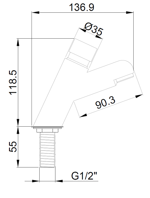 Medidas del grifo temporizado de instalación sobre encimera para lavabo - NOFER
