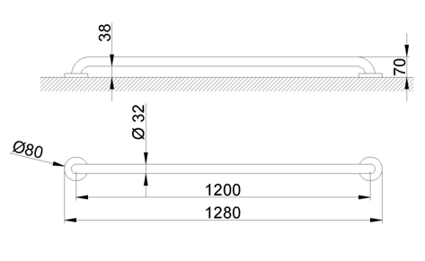 Medidas de la barra de apoyo recta para fijar en pared de 1200 mm - NOFER