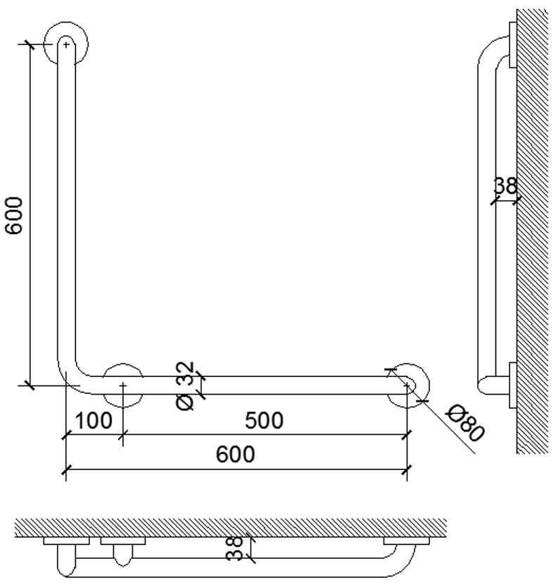 Medidas de la barra de apoyo de 90º para pared 600x600 mm - NOFER