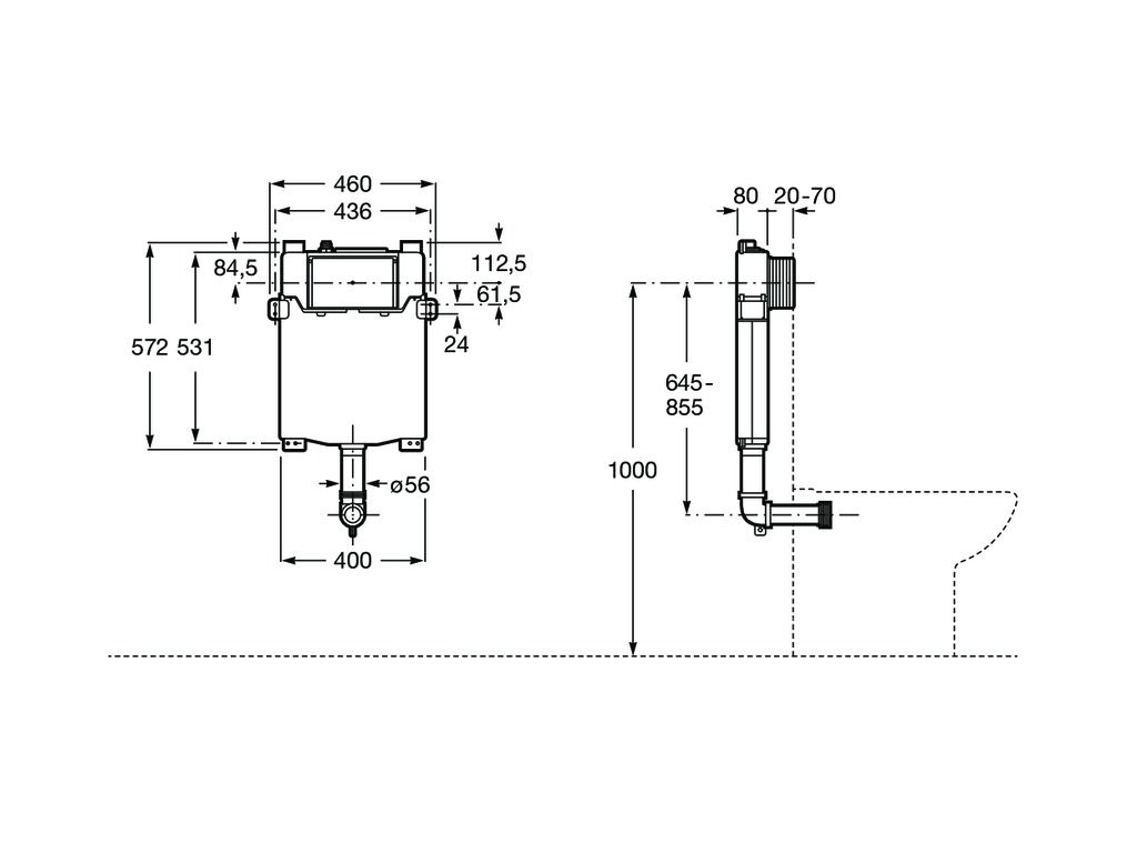 Medidas de la cisterna empotrable compacta con doble descarga para inodoro de tanque alto o empotrable BASIC TANK ONE COMPACT - ROCA