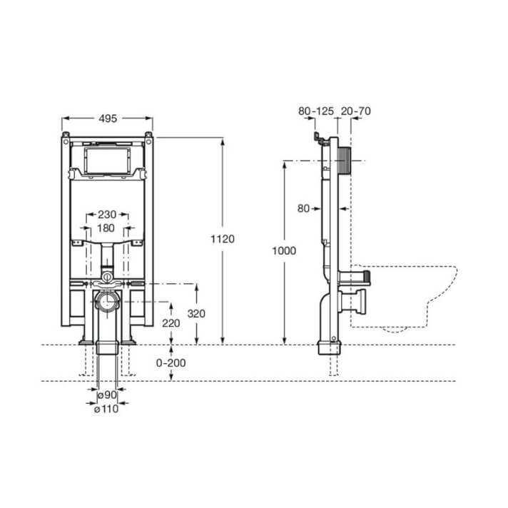 Medidas del bastidor con cisterna compacta empotrable con doble descarga para inodoro suspendido BASIC WC COMPACT - ROCA