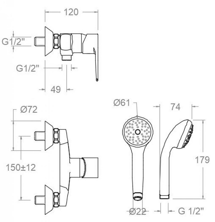 Medidas del grifo de ducha/baño 1808 VP TITANIUM - RAMÓN SOLER