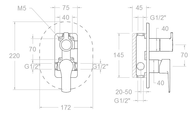 Medidas del grifo monomando empotrado para baño-ducha TITANIUM - RAMÓN SOLER