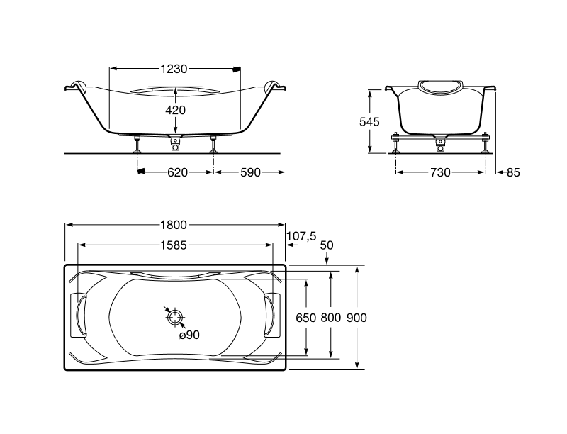 Medidas de la bañera acrílica rectangular con asas y juego de desagüe BECOOL - ROCA