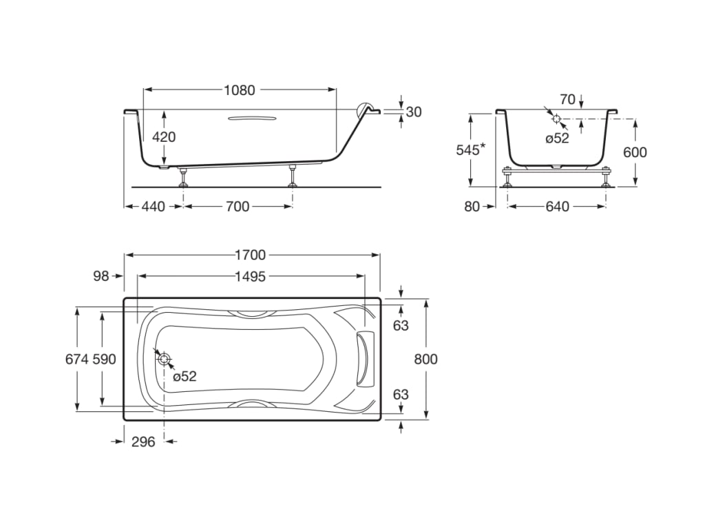 Medidas de la bañera acrílica rectangular con asas 1700x800x420 mm BECOOL - ROCA