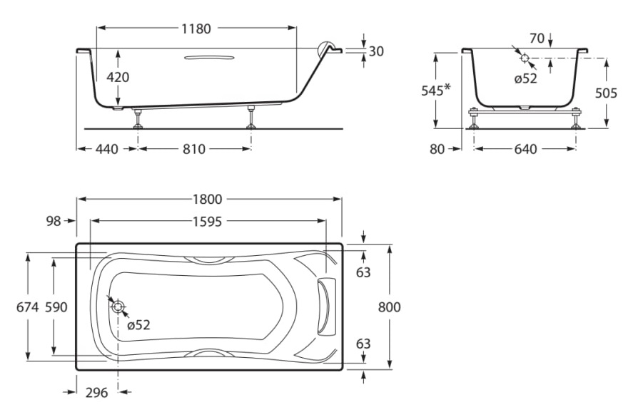 Medidas de la bañera acrílica rectangular con hidromasaje total BECOOL - ROCA