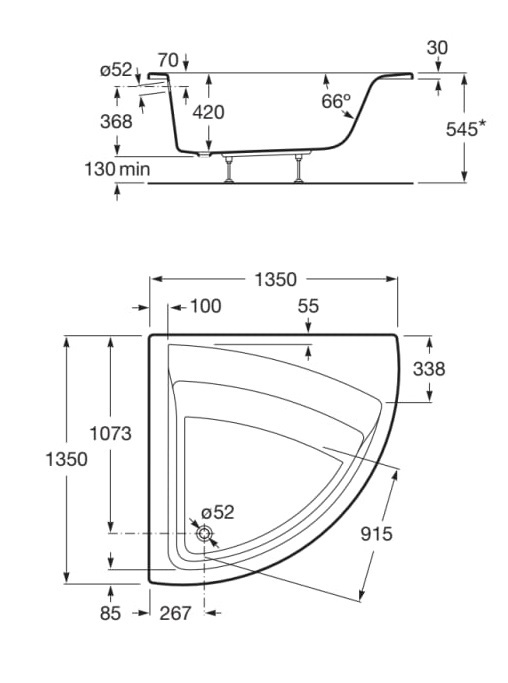 Medidas de la bañera acrílica angular simétrica 1350x1350 mm EASY - ROCA