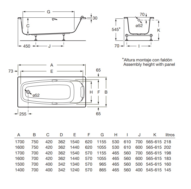 Medidas de la bañera acrílica rectangular con hidromasaje y juego de desagüe SURESTE - ROCA