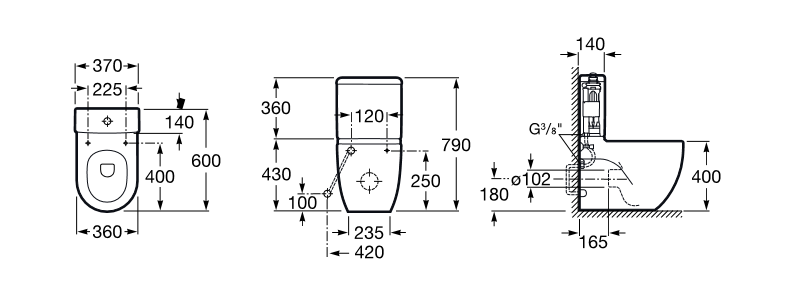 Medidas de la cisterna de doble descarga 4,5/3L con alimentación inferior para inodoro compacto MERIDIAN - ROCA