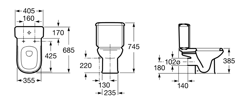 Medidas de la cisterna de doble descarga 6/3L con alimentación inferior para inodoro DAMA RETRO - ROCA