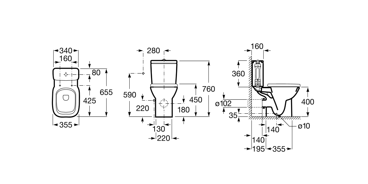 Medidas de la cisterna de doble descarga 4,5/3L con alimentación lateral para inodoro DEBBA - ROCA
